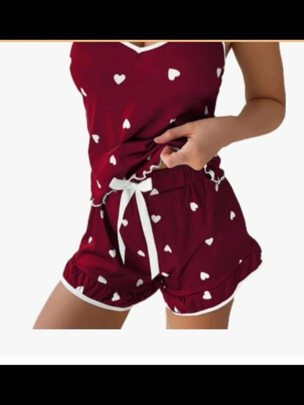 Women's Burgundy Heart Print Satin Sleep Set with White Trim